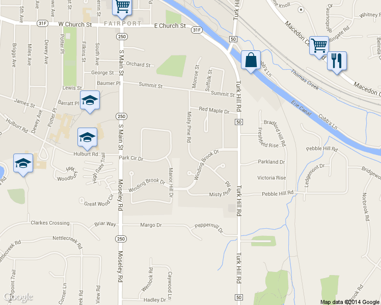 map of restaurants, bars, coffee shops, grocery stores, and more near 26 Misty Pine Road in Fairport