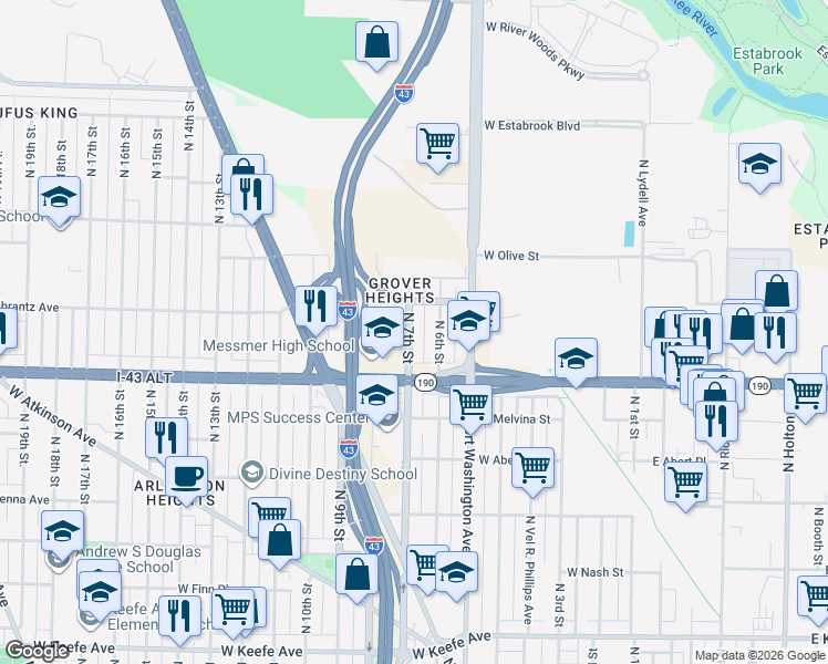 map of restaurants, bars, coffee shops, grocery stores, and more near 4050 North 7th Street in Milwaukee