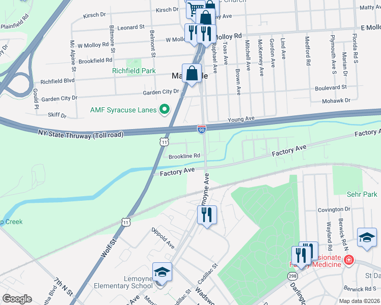 map of restaurants, bars, coffee shops, grocery stores, and more near 203 Brookline Road in Syracuse