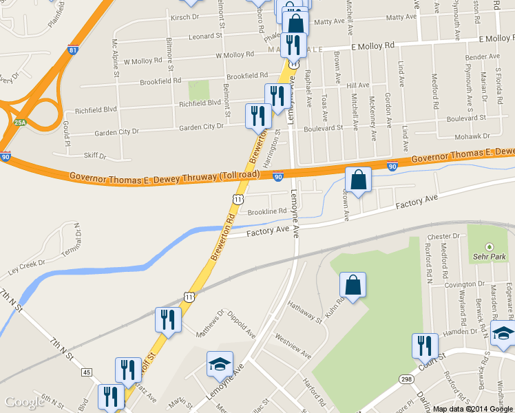 map of restaurants, bars, coffee shops, grocery stores, and more near 111 Brookline Rd in Syracuse