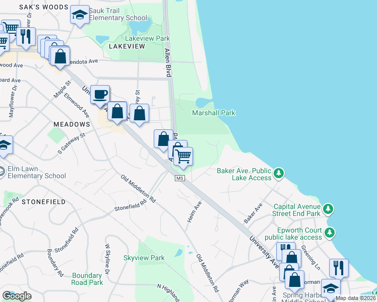 map of restaurants, bars, coffee shops, grocery stores, and more near 2041 Overlook Pass in Middleton