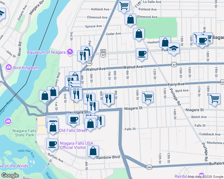 map of restaurants, bars, coffee shops, grocery stores, and more near 464 7th Street in Niagara Falls