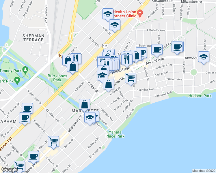 map of restaurants, bars, coffee shops, grocery stores, and more near 342 Russell Street in Madison