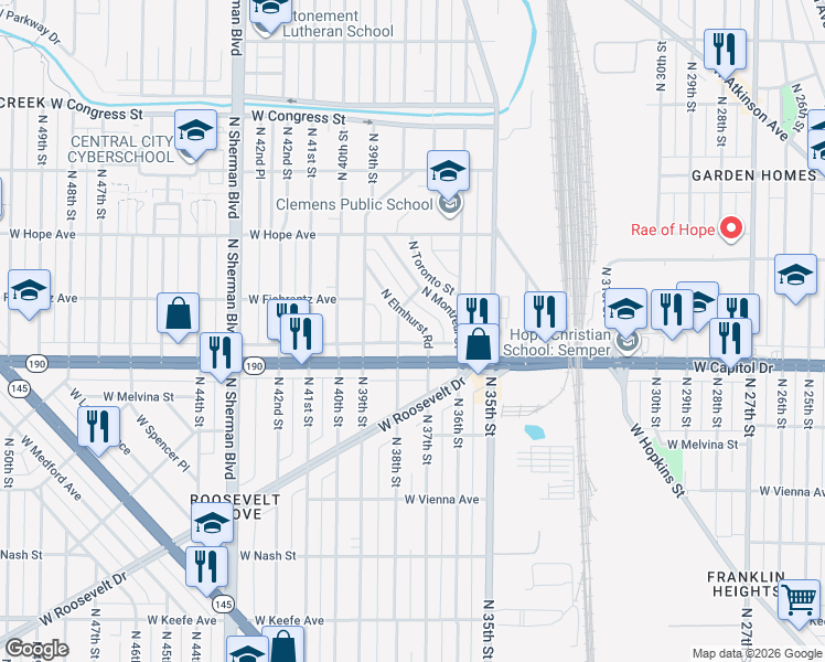 map of restaurants, bars, coffee shops, grocery stores, and more near 4029 North Elmhurst Road in Milwaukee