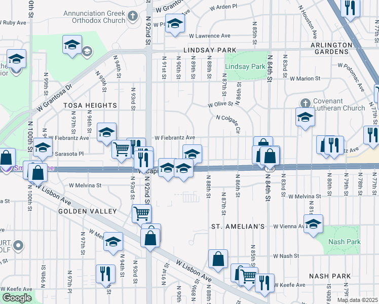 map of restaurants, bars, coffee shops, grocery stores, and more near 4033 North 89th Street in Milwaukee
