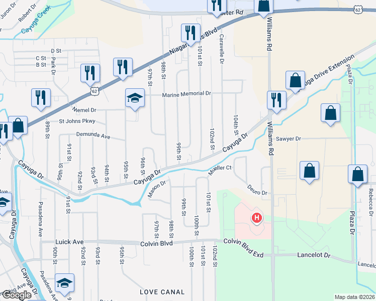 map of restaurants, bars, coffee shops, grocery stores, and more near 1415 100th Street in Niagara Falls