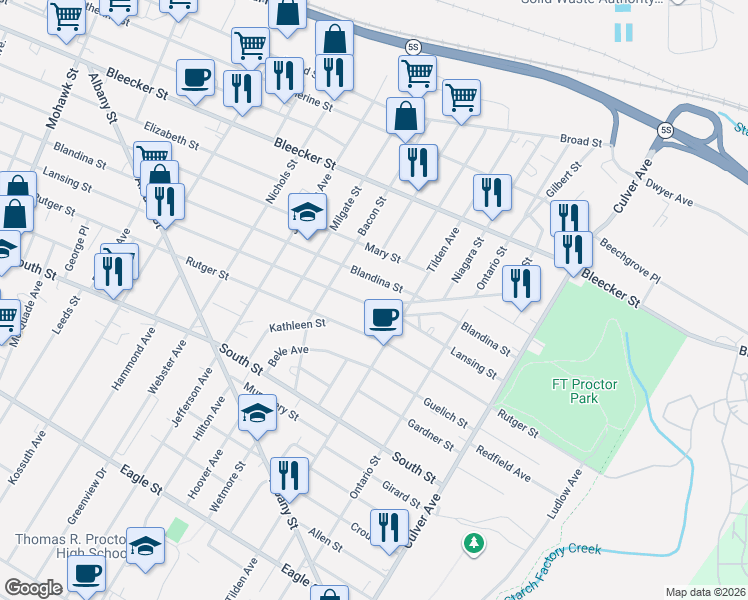 map of restaurants, bars, coffee shops, grocery stores, and more near 1323 Lansing Street in Utica