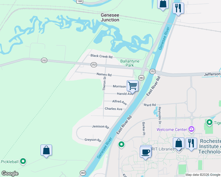 map of restaurants, bars, coffee shops, grocery stores, and more near 50 Harold Avenue in Rochester