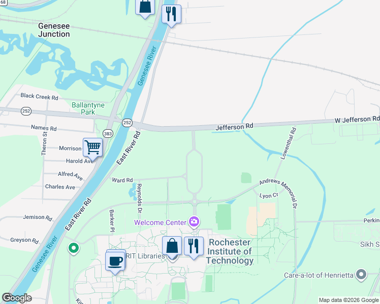 map of restaurants, bars, coffee shops, grocery stores, and more near 120 Lomb Memorial Drive in Rochester