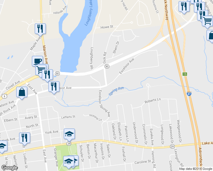 map of restaurants, bars, coffee shops, grocery stores, and more near 1 Veterans Way in Saratoga Springs