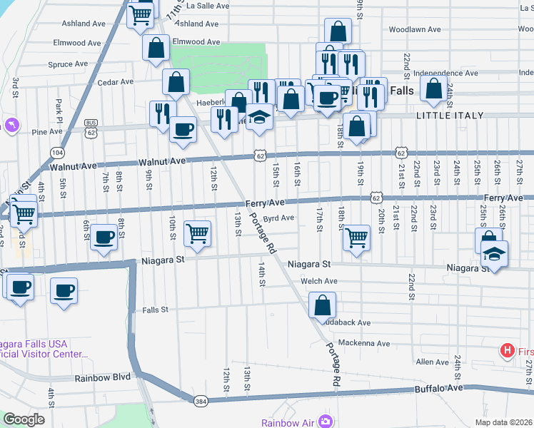 map of restaurants, bars, coffee shops, grocery stores, and more near 1421 Byrd Avenue in Niagara Falls