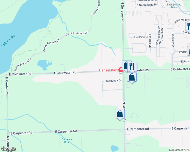 map of restaurants, bars, coffee shops, grocery stores, and more near 4392 East Coldwater Road in Flint
