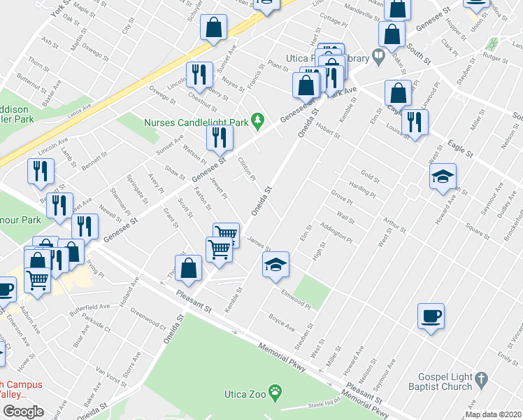 map of restaurants, bars, coffee shops, grocery stores, and more near 1535 Oneida Street in Utica