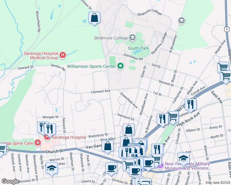 map of restaurants, bars, coffee shops, grocery stores, and more near 234 Clinton Street in Saratoga Springs