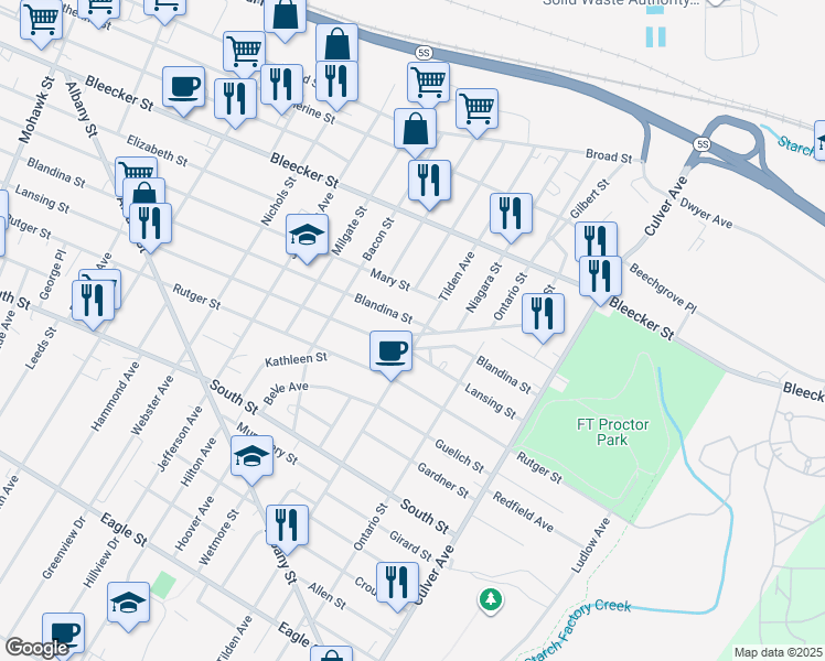 map of restaurants, bars, coffee shops, grocery stores, and more near 860-890 Tilden Avenue in Utica