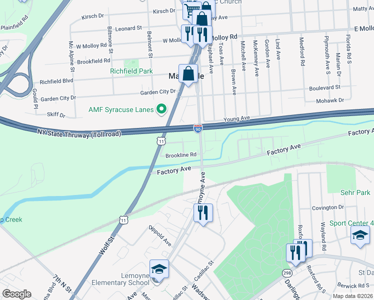 map of restaurants, bars, coffee shops, grocery stores, and more near 212 Brookline Road in Syracuse