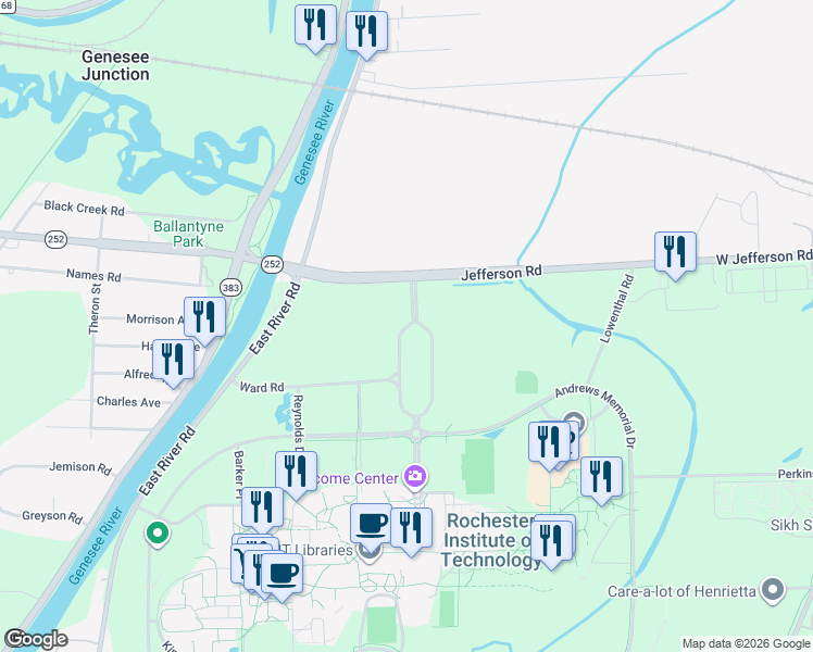 map of restaurants, bars, coffee shops, grocery stores, and more near Lomb Memorial Drive in Rochester