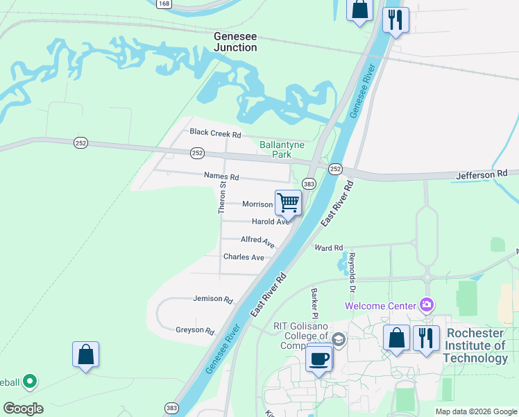 map of restaurants, bars, coffee shops, grocery stores, and more near 20 Harold Avenue in Rochester