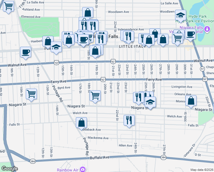 map of restaurants, bars, coffee shops, grocery stores, and more near 466 20th Street in Niagara Falls