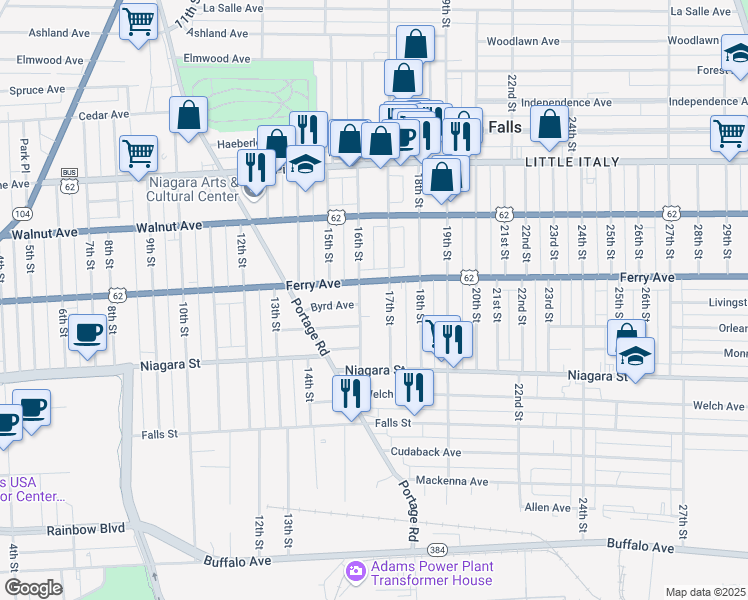 map of restaurants, bars, coffee shops, grocery stores, and more near 479 16th Street in Niagara Falls