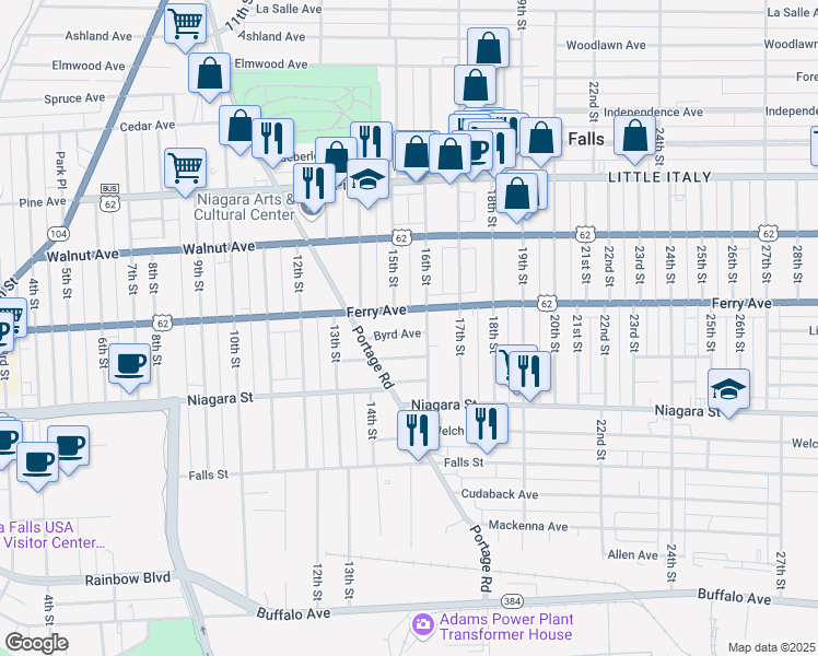map of restaurants, bars, coffee shops, grocery stores, and more near 1421 Byrd Avenue in Niagara Falls