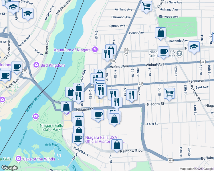 map of restaurants, bars, coffee shops, grocery stores, and more near 411 Ferry Avenue in Niagara Falls
