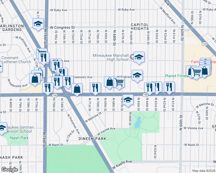 map of restaurants, bars, coffee shops, grocery stores, and more near 4023 North 68th Street in Milwaukee