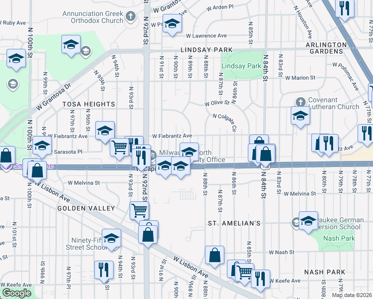 map of restaurants, bars, coffee shops, grocery stores, and more near 4033 North 89th Street in Milwaukee