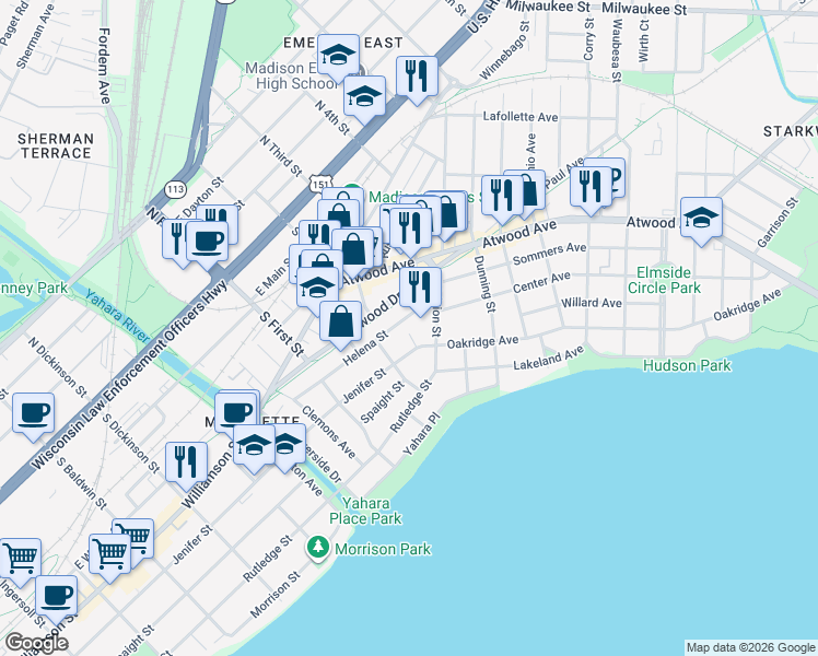 map of restaurants, bars, coffee shops, grocery stores, and more near 2026 Jenifer Street in Madison