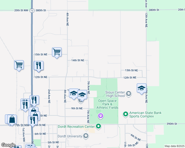 map of restaurants, bars, coffee shops, grocery stores, and more near 635 12th Street Northeast in Sioux Center