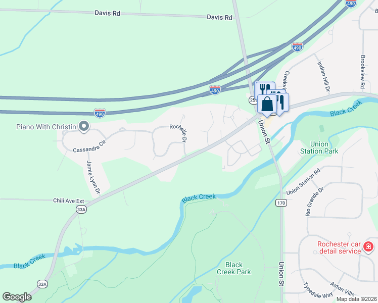 map of restaurants, bars, coffee shops, grocery stores, and more near 2 Rochelle Drive in Churchville