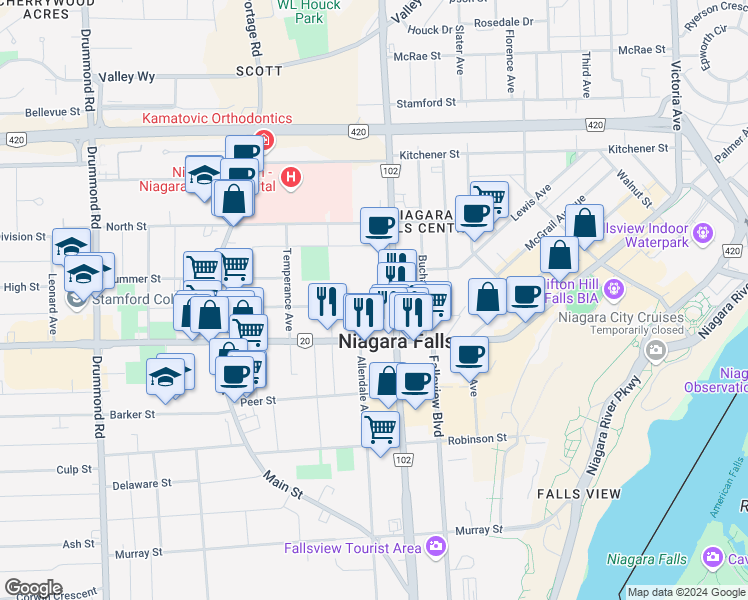 map of restaurants, bars, coffee shops, grocery stores, and more near 5523 Spring Street in Niagara Falls