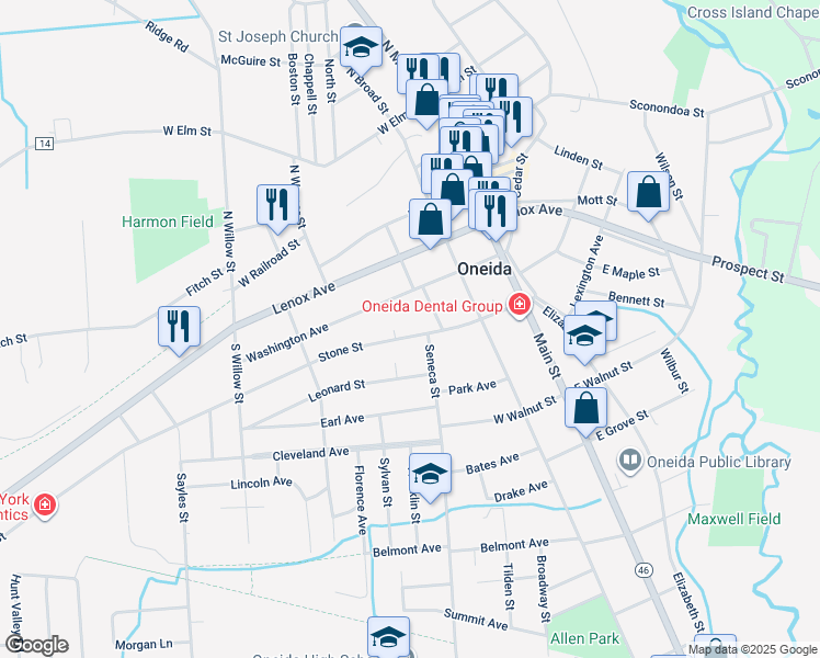 map of restaurants, bars, coffee shops, grocery stores, and more near 320 Stone Street in Oneida