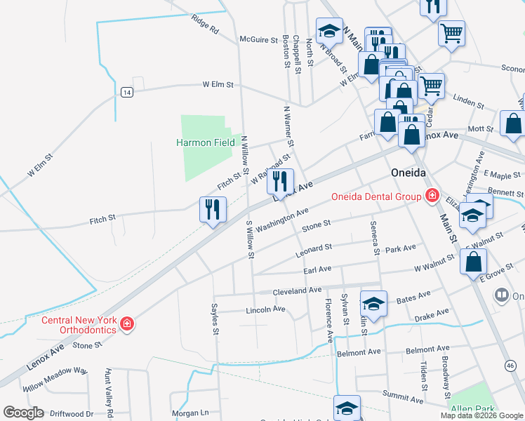 map of restaurants, bars, coffee shops, grocery stores, and more near 426 Washington Avenue in Oneida