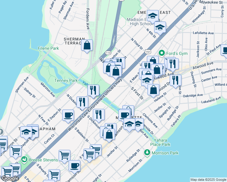 map of restaurants, bars, coffee shops, grocery stores, and more near 1827 East Washington Avenue in Madison