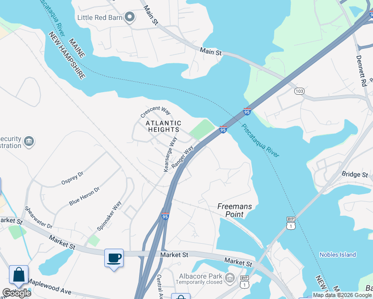 map of restaurants, bars, coffee shops, grocery stores, and more near 37 Ranger Way in Portsmouth