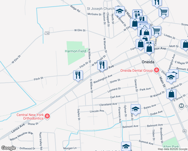 map of restaurants, bars, coffee shops, grocery stores, and more near 429 Upper Lenox Avenue in Oneida
