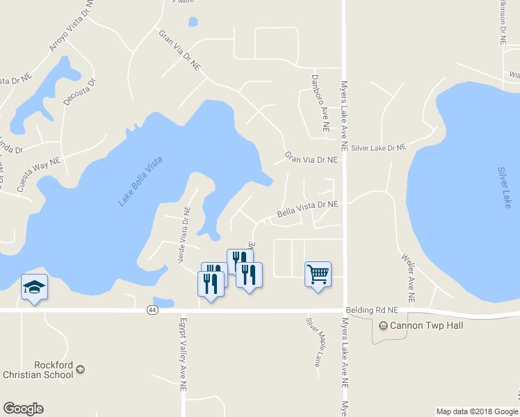 map of restaurants, bars, coffee shops, grocery stores, and more near 6670 Bella Vista Drive Northeast in Rockford