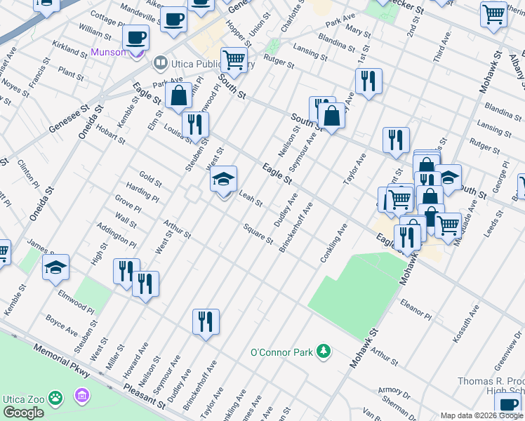 map of restaurants, bars, coffee shops, grocery stores, and more near 1313 Seymour Avenue in Utica