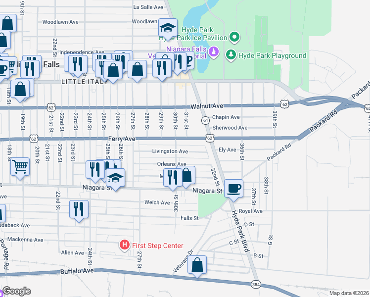 map of restaurants, bars, coffee shops, grocery stores, and more near 3031 Livingston Avenue in Niagara Falls