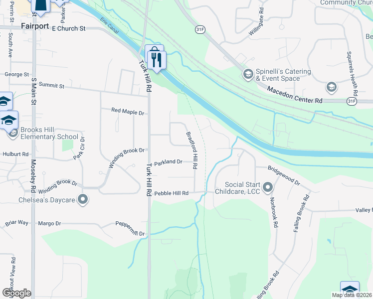 map of restaurants, bars, coffee shops, grocery stores, and more near 18 Parkland Drive in Fairport