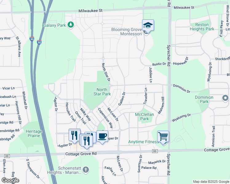 map of restaurants, bars, coffee shops, grocery stores, and more near 525 Pluto Street in Madison
