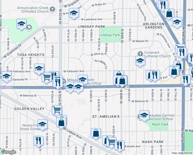 map of restaurants, bars, coffee shops, grocery stores, and more near 4031 North 87th Street in Milwaukee