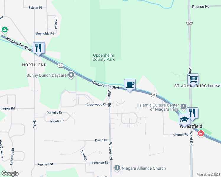 map of restaurants, bars, coffee shops, grocery stores, and more near 6879 Witmer Road in North Tonawanda