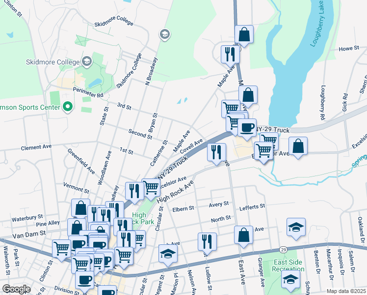 map of restaurants, bars, coffee shops, grocery stores, and more near 232 Maple Avenue in Saratoga Springs