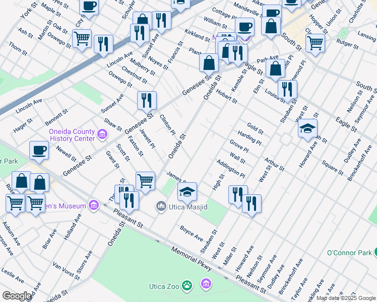 map of restaurants, bars, coffee shops, grocery stores, and more near 1549 Kemble Street in Utica