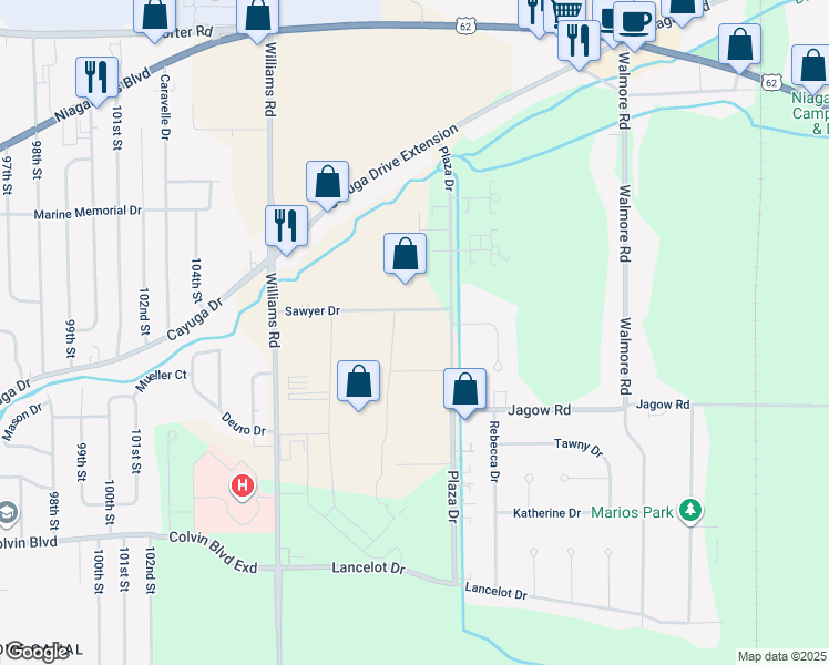 map of restaurants, bars, coffee shops, grocery stores, and more near 2132 Sawyer Drive in Niagara Falls