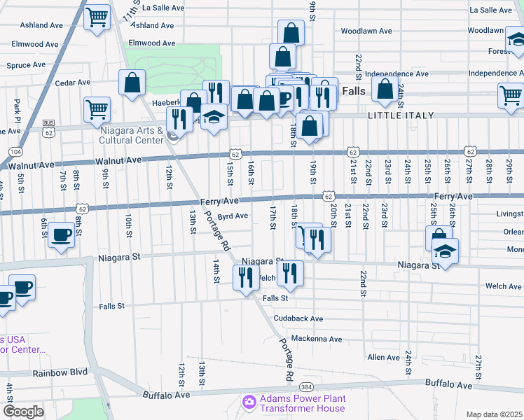 map of restaurants, bars, coffee shops, grocery stores, and more near 479 16th Street in Niagara Falls