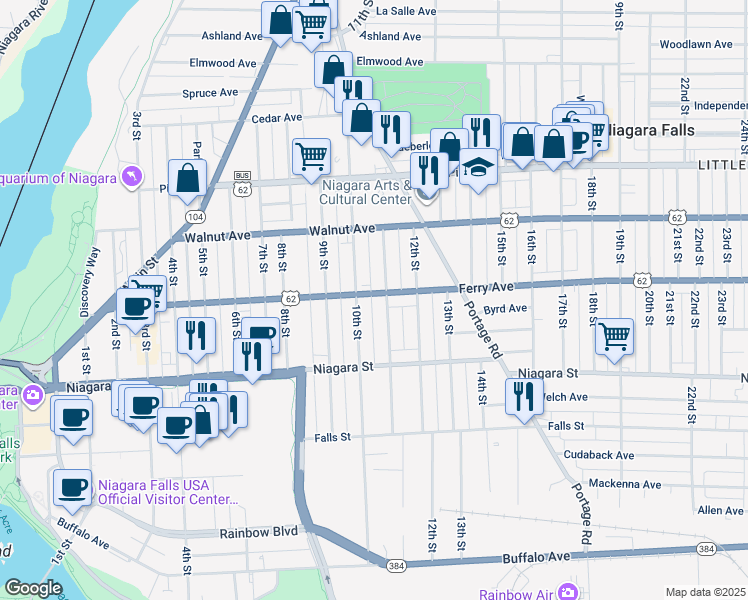 map of restaurants, bars, coffee shops, grocery stores, and more near 457 10th Street in Niagara Falls
