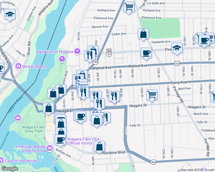 map of restaurants, bars, coffee shops, grocery stores, and more near 600 Ferry Avenue in Niagara Falls